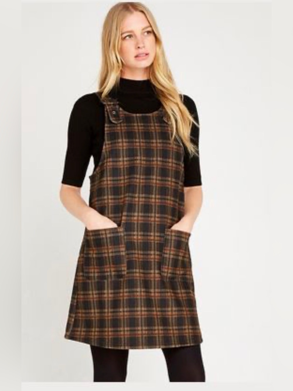 Papillon Brown Plaid Pinafore Dress